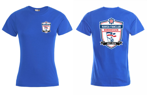 T-Shirt für Damen  "Hansa Fanclub Nordhessen" - royalblau - Brustlogo & gr. Rückenlogo